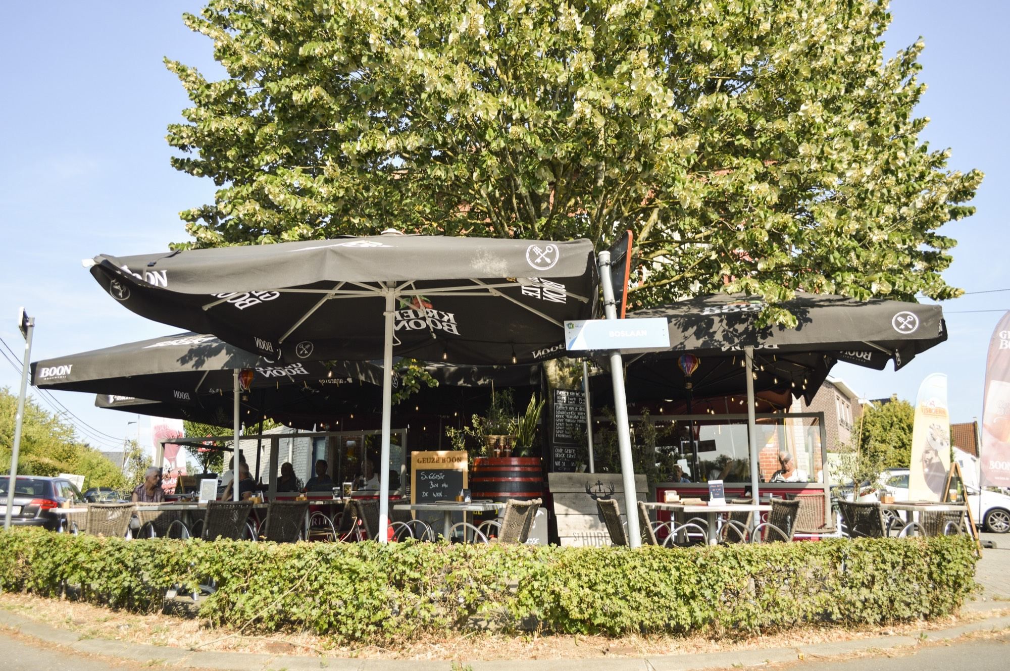Zomerterras met parasols, omringd door een groene haag